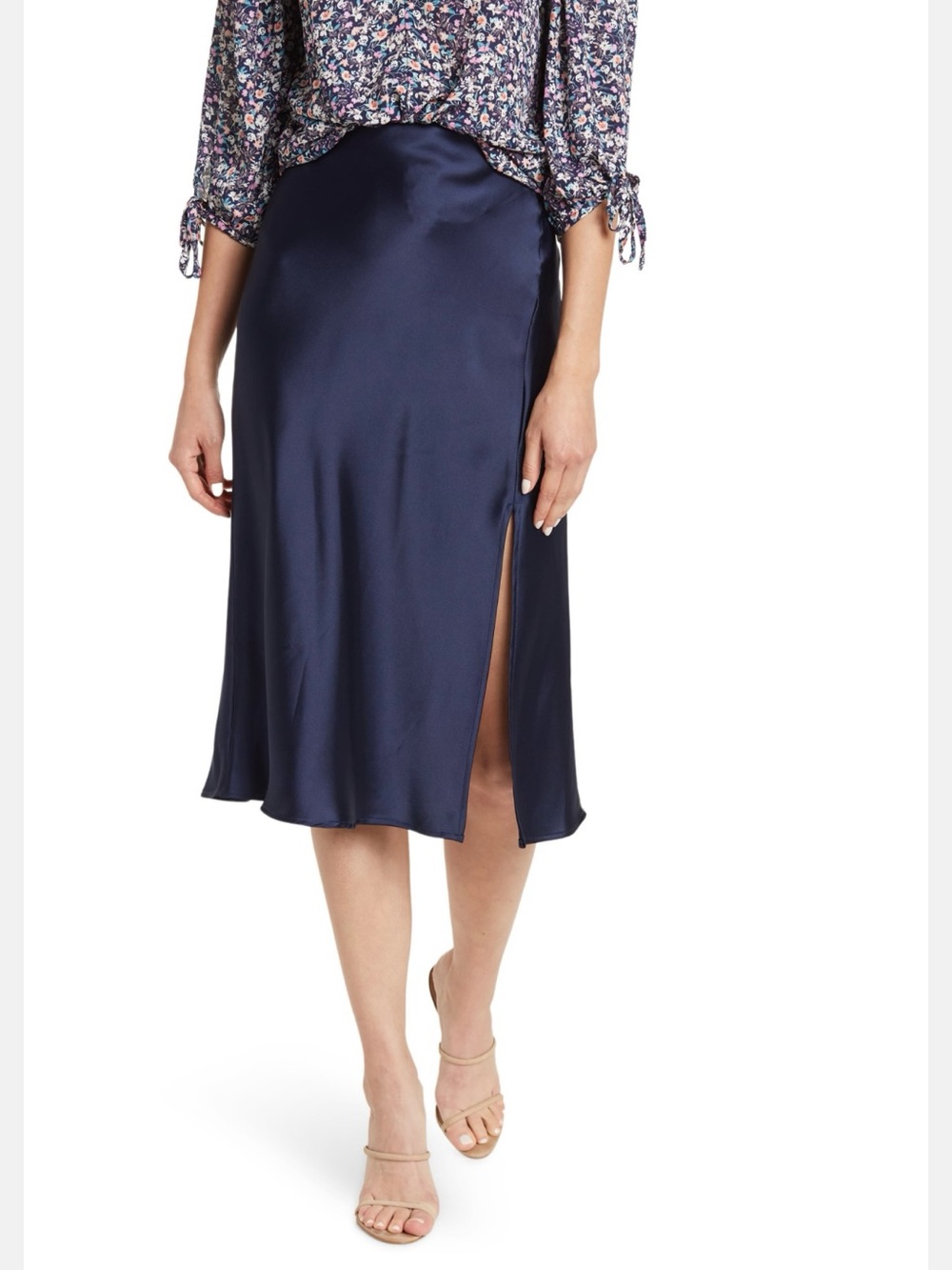 Renee C. Navy Satin Midi Skirt with Side Slit
